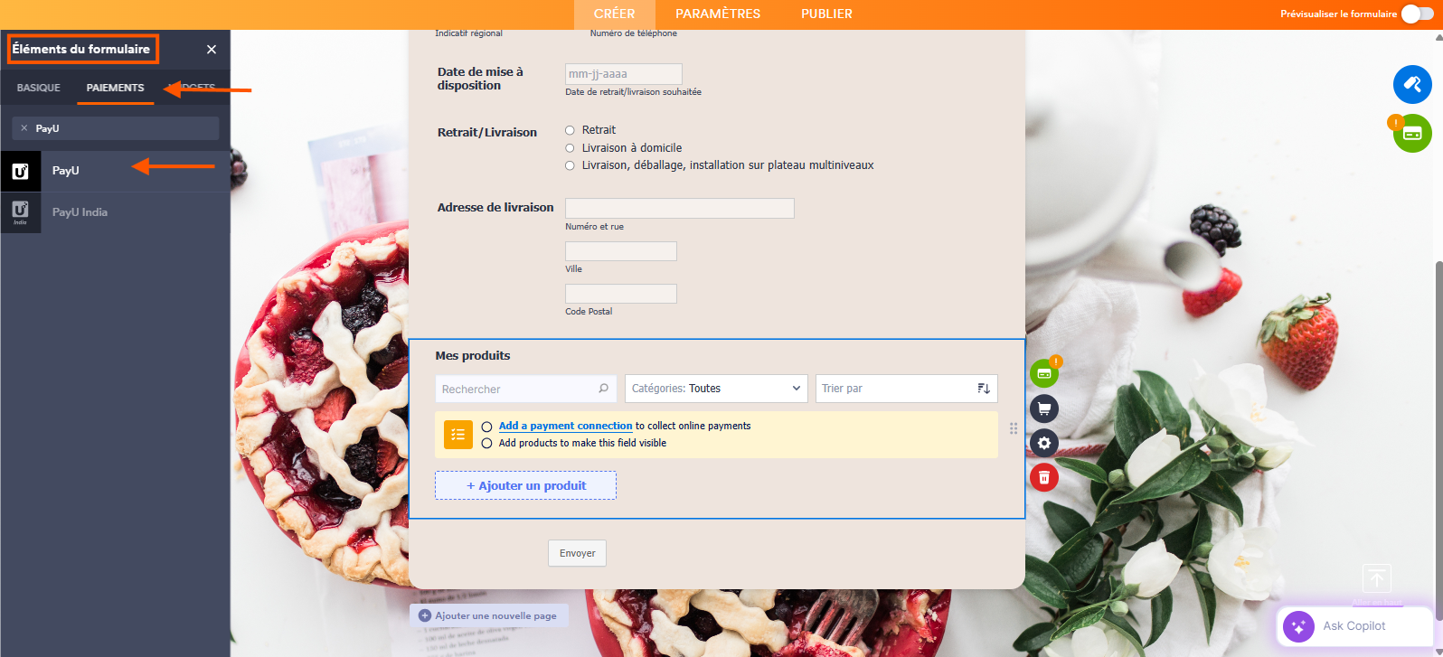 Capture d'écran d'un formulaire dans le Générateur de formulaires Jotform avec un éléments de Paiement PayU ajouté, un encadré autour de Éléments du formulaire et une flèche vers PayU dans le volet de gauche