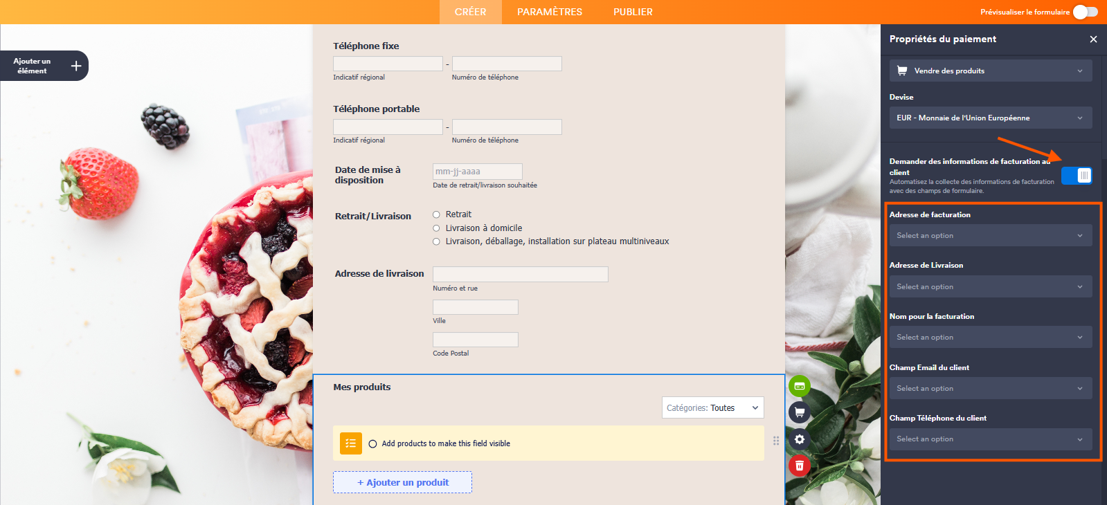 Capture d'écran du volet Propriétés du paiement dans le Générateur de formulaires Jotform avec le bouton-curseur Demander des informations de facturation au client activé qui laisse apparaître les champs à paramétrer