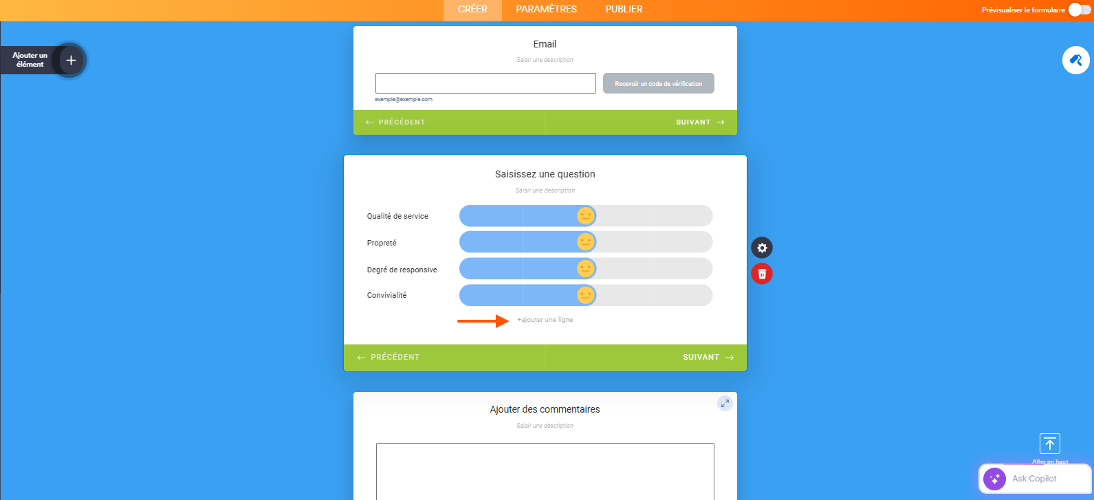 Capture d'écran d'un formulaire à cartes dans le Générateur de formulaires Jotform avec une flèche vers Ajouter une ligne dans l'élément Curseur d'émojis