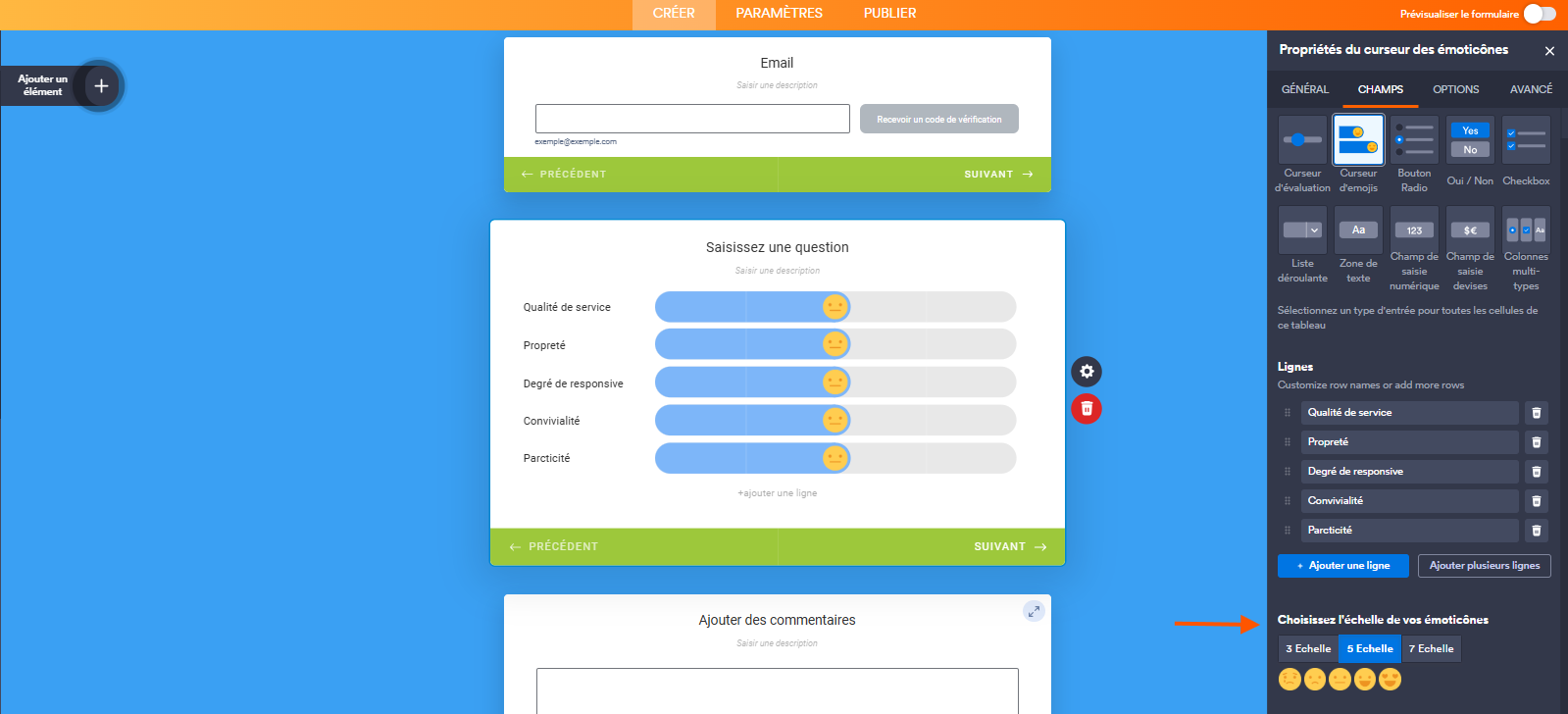 Capture d'écran d'un élément Curseur d'émojis d'un formulaire à cartes dans le Générateur de formulaires Jotform avec une flèche vers Choisissez l'échelle de vos émoticônes