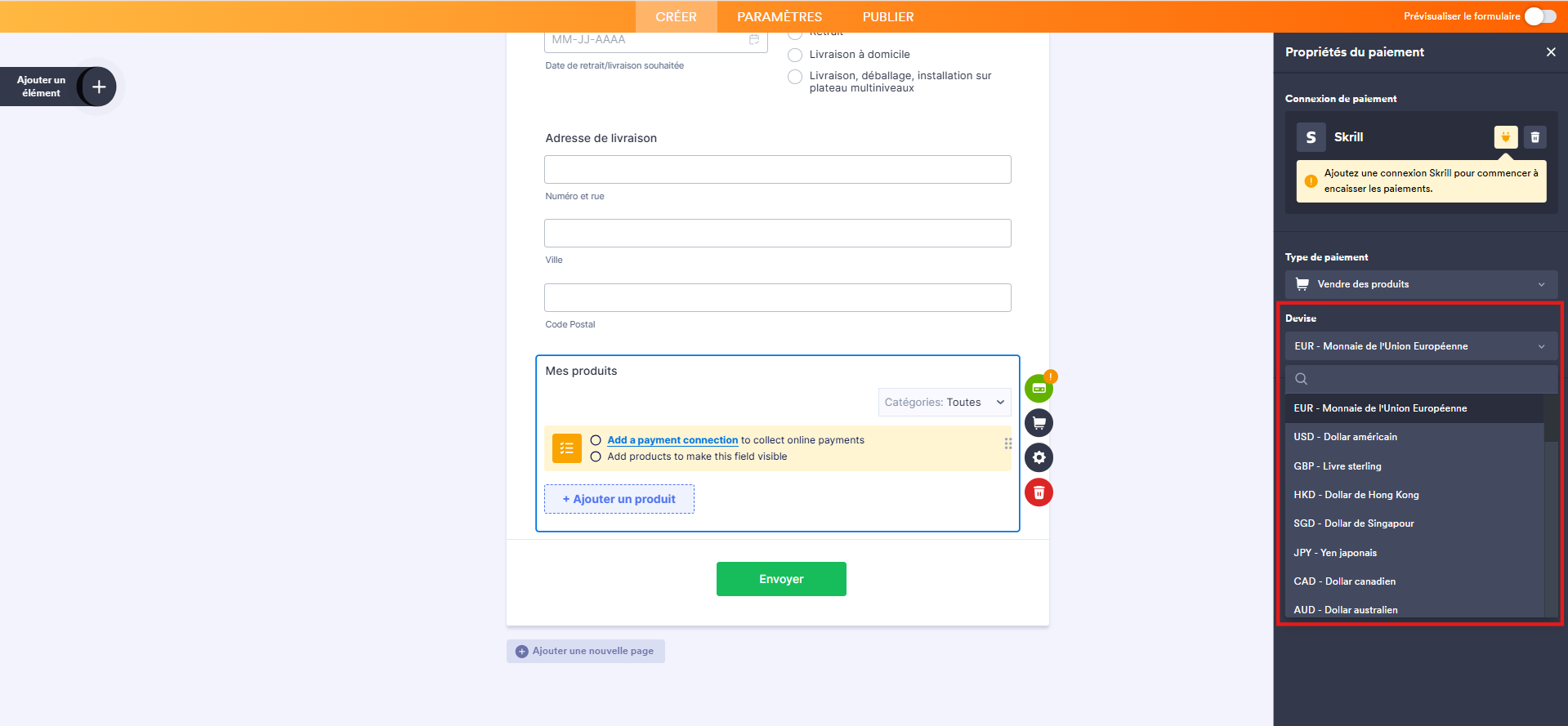 Capture d'écran du volet Propriétés du paiement dans le Générateur de formulaires Jotform avec un encadré autour de la liste déroulante Devise