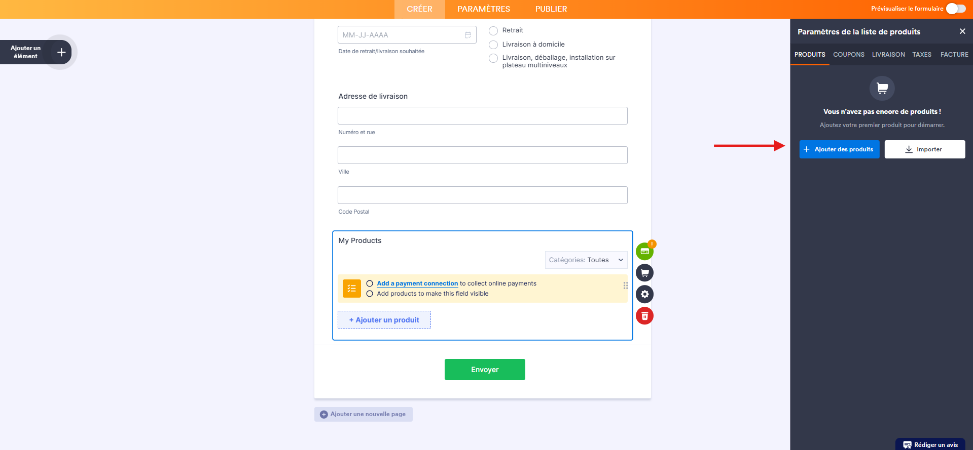 Capture d'écran du volet Propriétés de la liste de prix dans le Générateur de formulaires Jotform avec une flèche vers le bouton Ajouter des produits