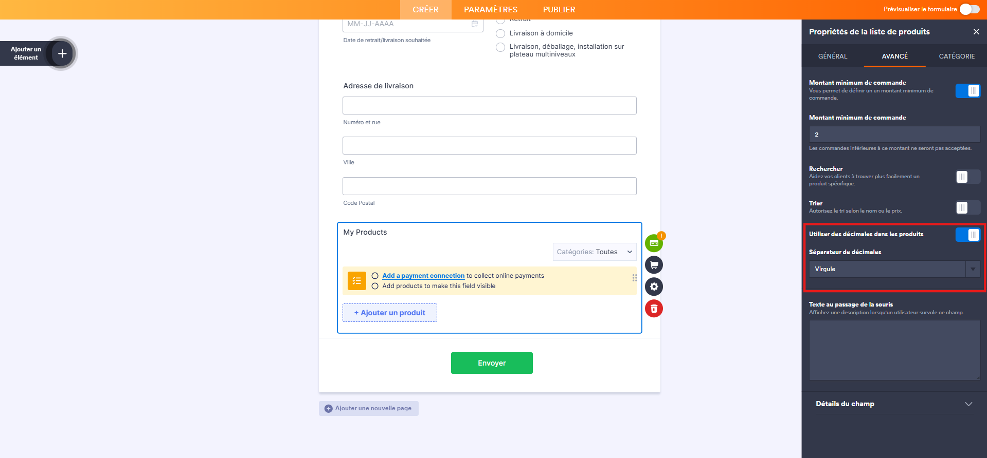 Capture d'écran du volet Propriétés de la liste de produits dans le Générateur de formulaires Jotform avec un encadré autour des options de l'onglet Avancé de l'élément de paiement Skrill