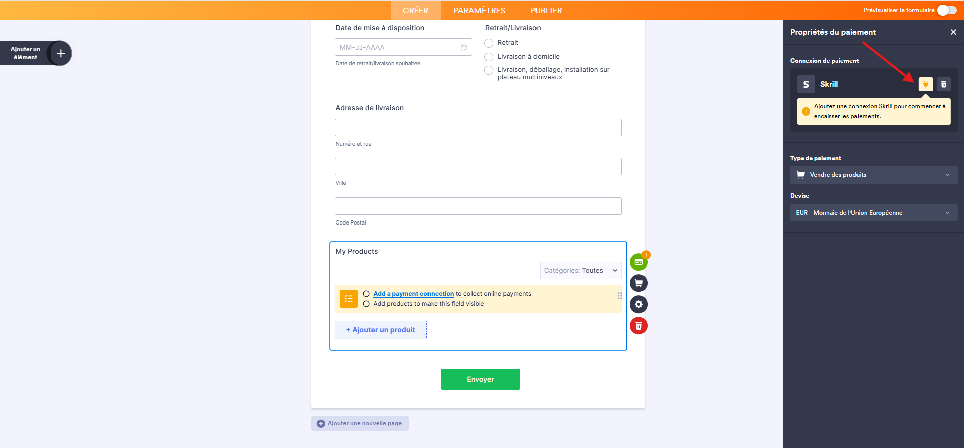 Capture d'écran du volet Propriétés du paiement de l'élément de paiement Skrill dans le Générateur de formulaires Jotform avec une flèche vers l'icône de prise de courant