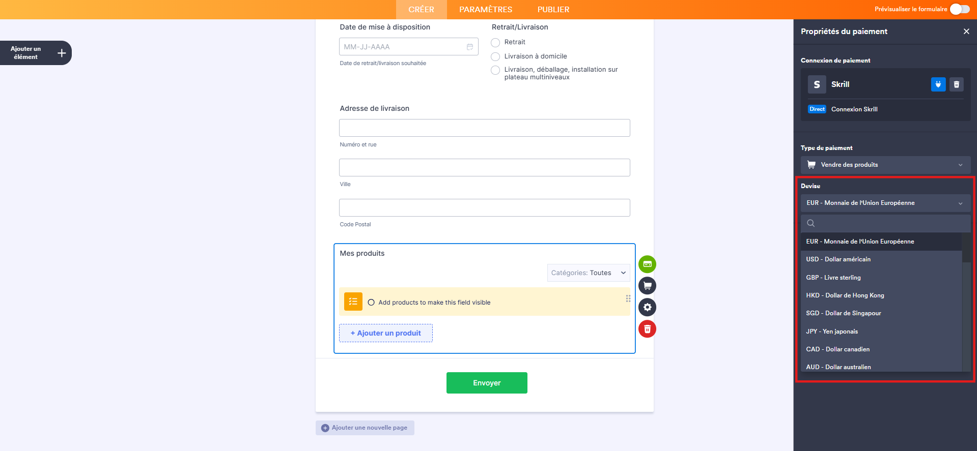 Capture d'écran du volet Propriétés du paiement dans le Générateur de formulaires Jotform avec un encadré autour des options de la liste déroulante Devise 