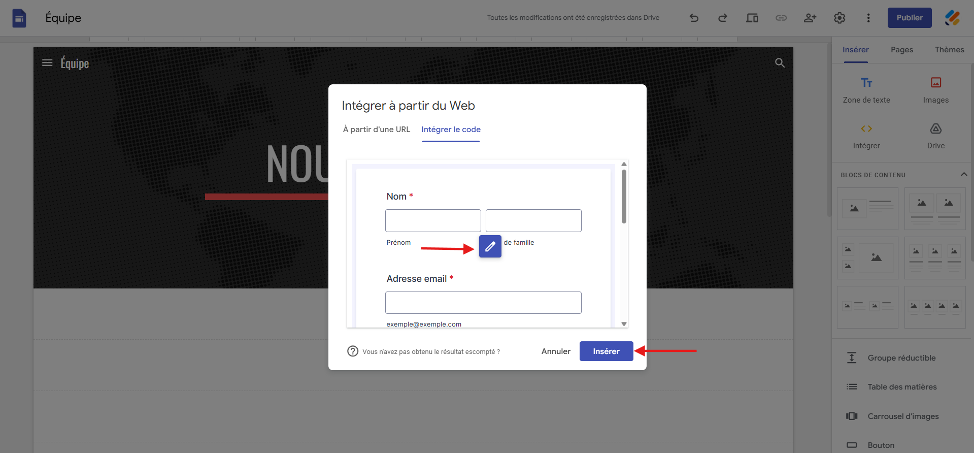 Capture d'écran de la fenêtre modale Intégrer à partir du Web dans Google Sites avec un flèche vers l'icône d'édition et une autre vers Insérer