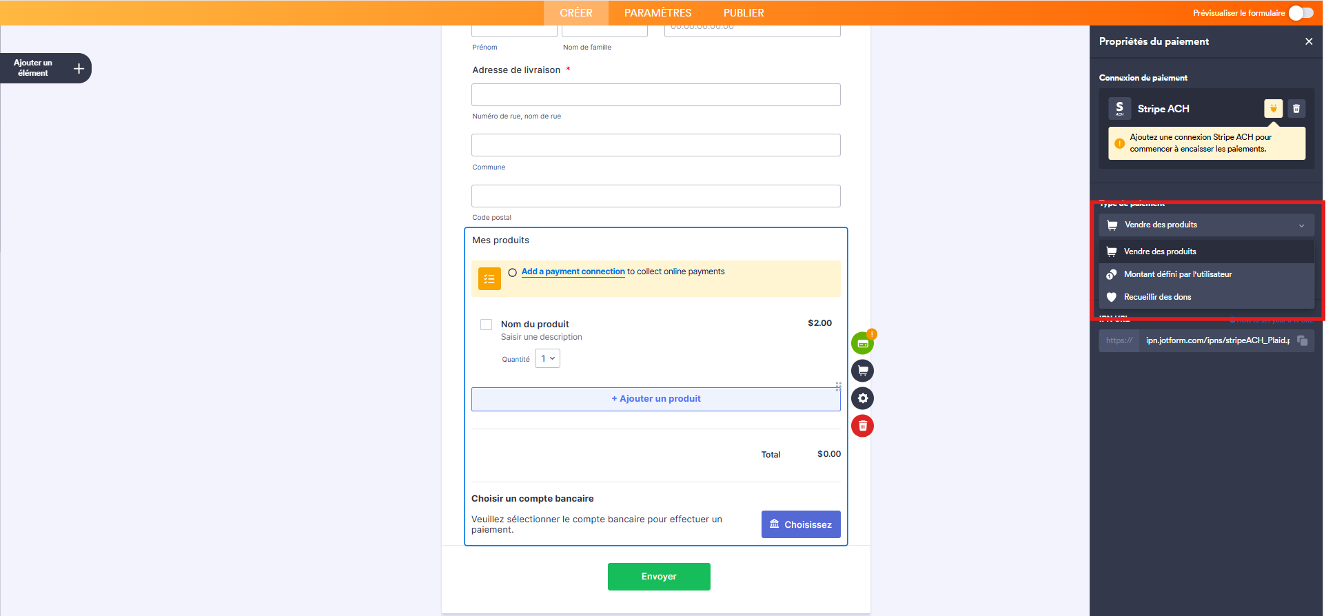 Capture d'écran du volet Propriétés du paiement dans le Générateur de formulaires Jotform avec un encadré autour des options Type de paiement