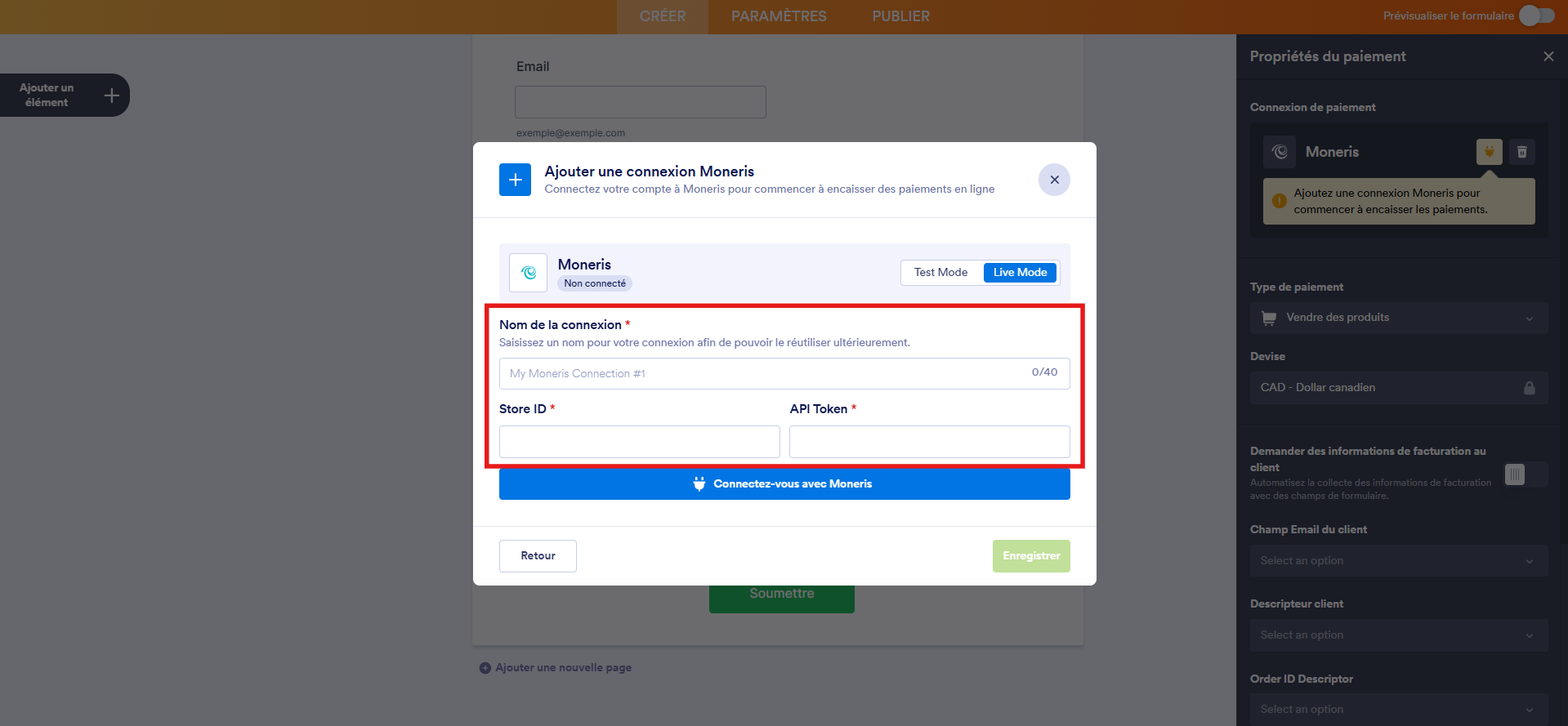 Capture d'écran de la fenêtre modale Ajouter une connexion Moneris dans le Générateur de formulaires Jotform avec un encadré autour de Nom de la connexion, ID du magasin et Jeton API