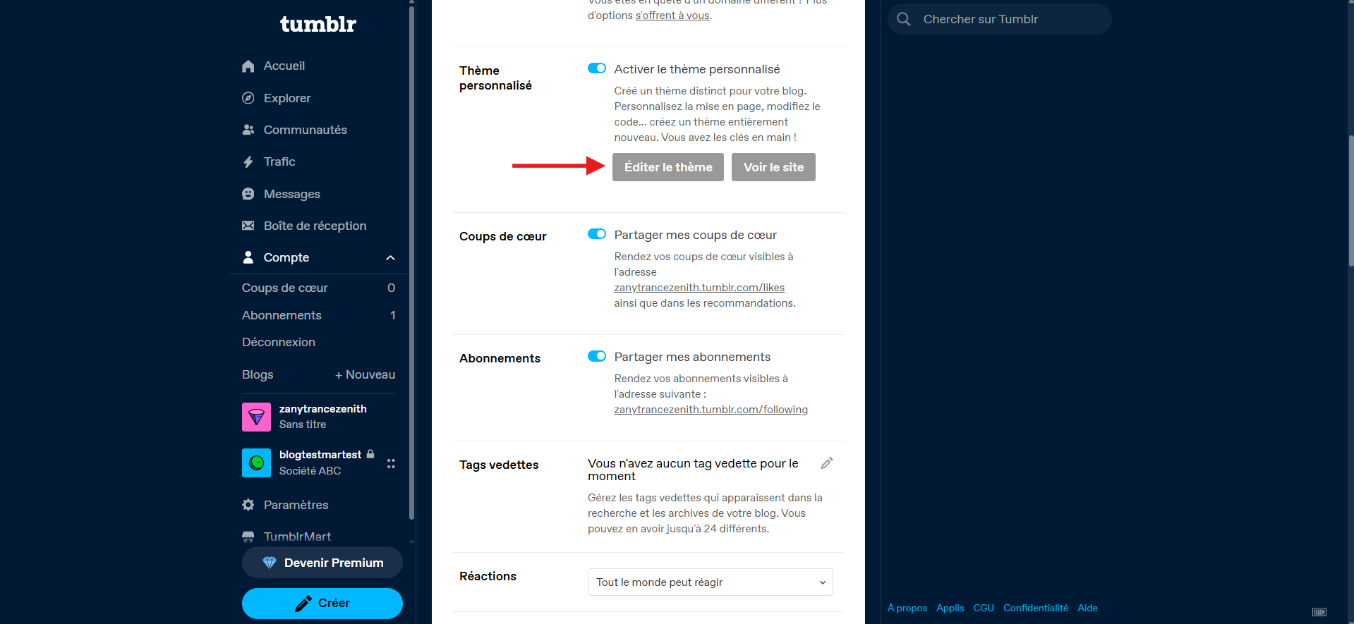 Capture d'écran de l'interface Tumblr avec une flèche vers le bouton Editer le thème dans la section Thème personnalisé