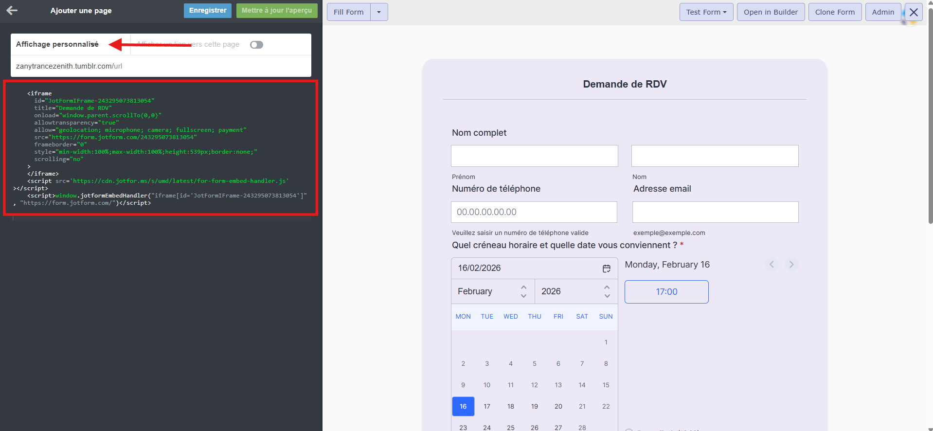 Capture d'écran du code d'intégration du formulaire Jotform dans la section Affichage personnalisé de la section Ajouter une page dans l'Éditeur de thème Tumblr