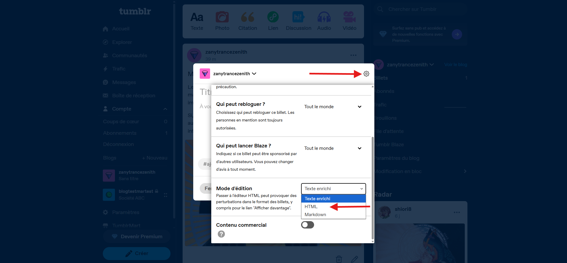 Capture d'écran de l'option HTML de la configuration de l'éditeur de texte dans la fenêtre de publication du tableau de bord Tumblr
