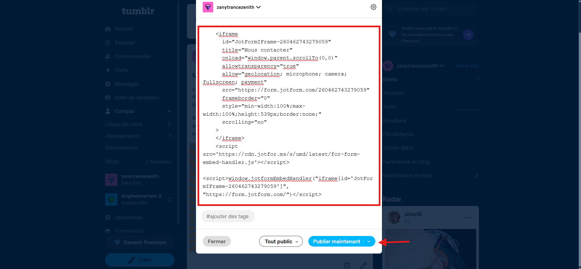 Capture d'écran du bouton Publier maintenant dans la fenêtre de publication du tableau de bord Tumblr