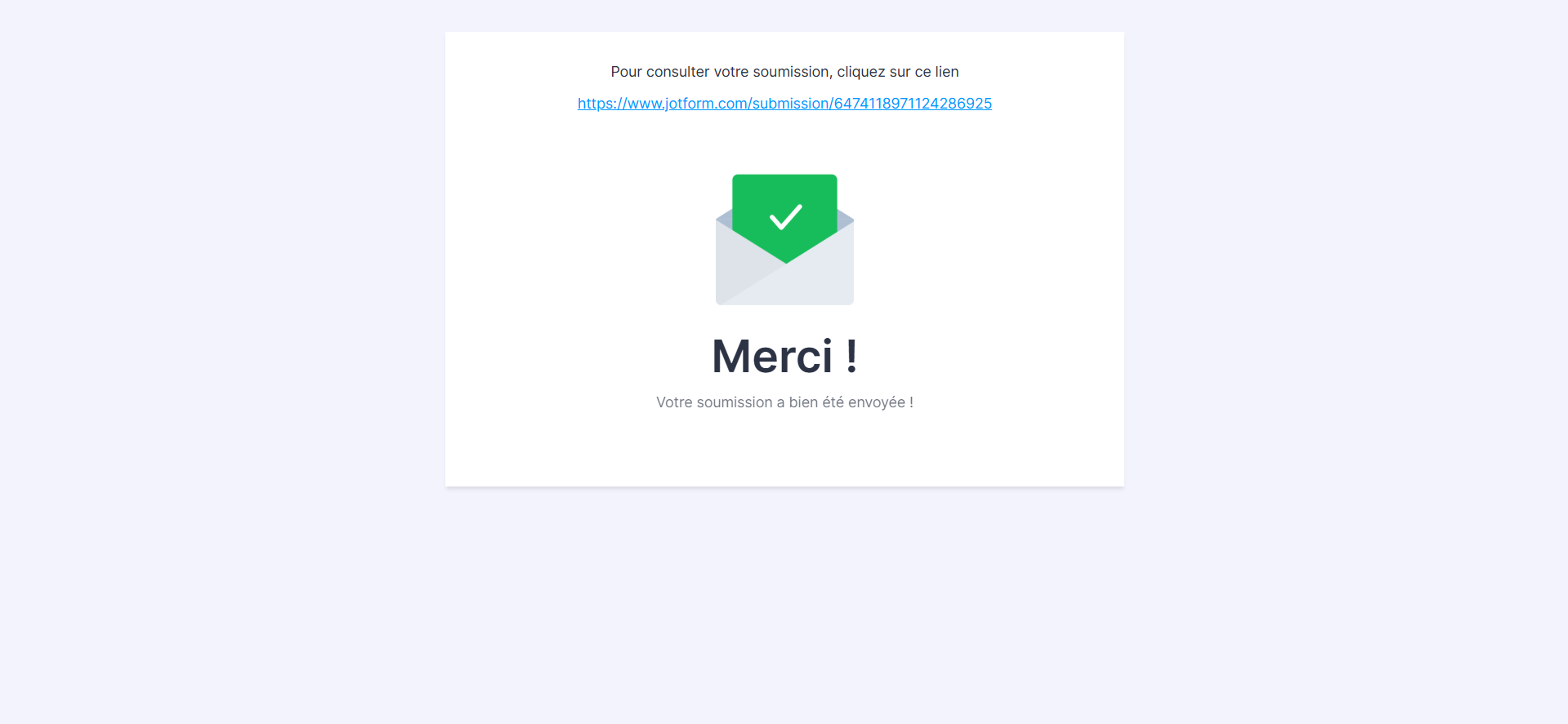 Capture d'écran de la page de remerciement que l'utilisateur reçoit après soumission du formulaire