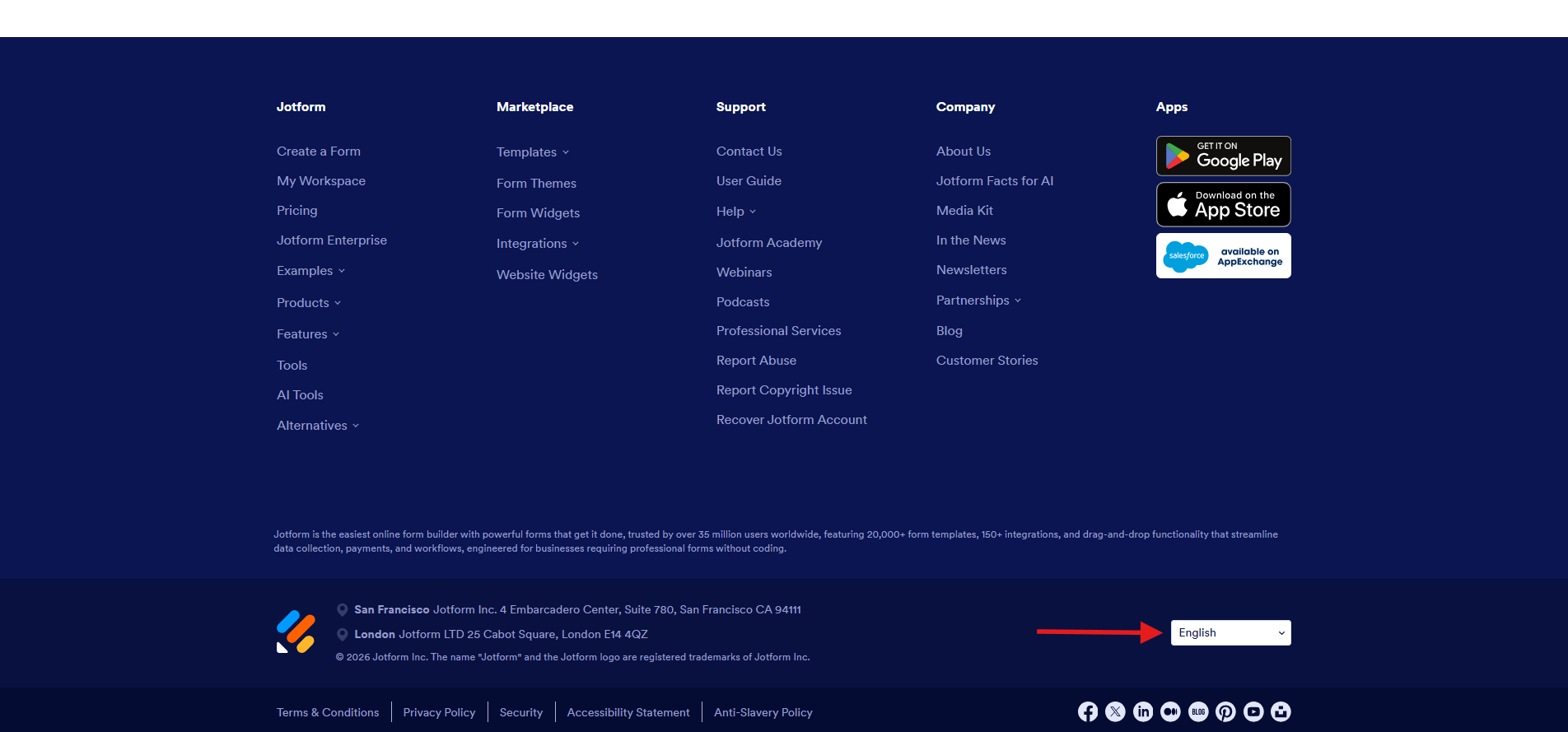 Capture d'écran du menu des langues du pied de page du site web Jotform