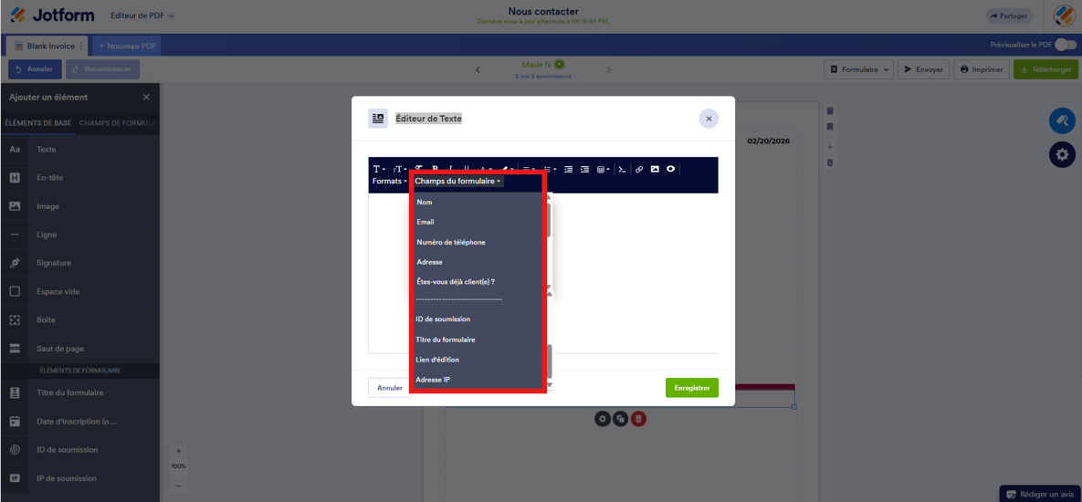 Capture d'écran de la fenêtre modale Éditeur de texte dans l'Éditeur de PDF Jotform avec un encadré autour des options de Champs du formulaire d'un formulaire Jotform