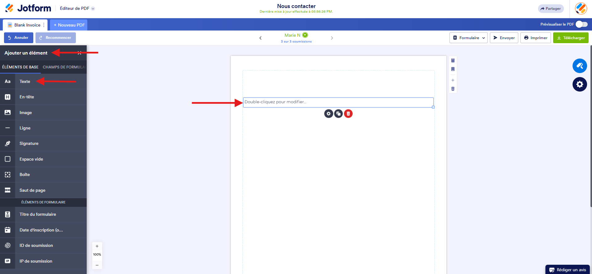 Capture d'écran de l'Éditeur de PDF avec une flèche vers Ajouter un élément, une autre vers l'élément Texte dans le volet à gauche et une troisième vers le champ Texte ajouté au document PDF