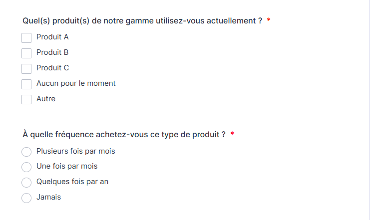 Capture d'écran d'un exemple de question Choix unique et d'une question Choix multiple d'un formulaire Jotform