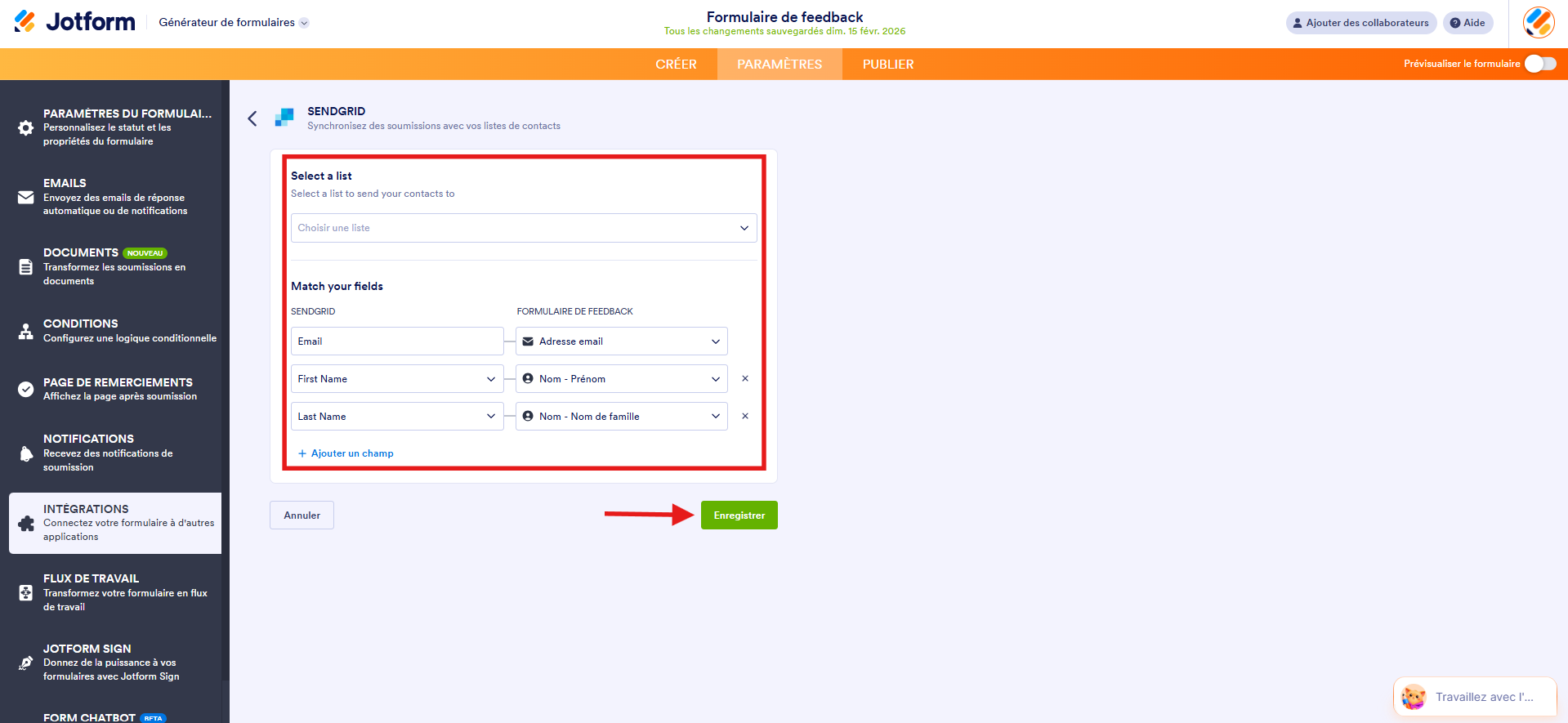 Capture d'écran de la page d'intégration SendGrid dans le Générateur de formulaires Jotform avec un encadré autour des options Sélectionner une liste et Correspondance des champs et une flèche vers le bouton Enregistrer