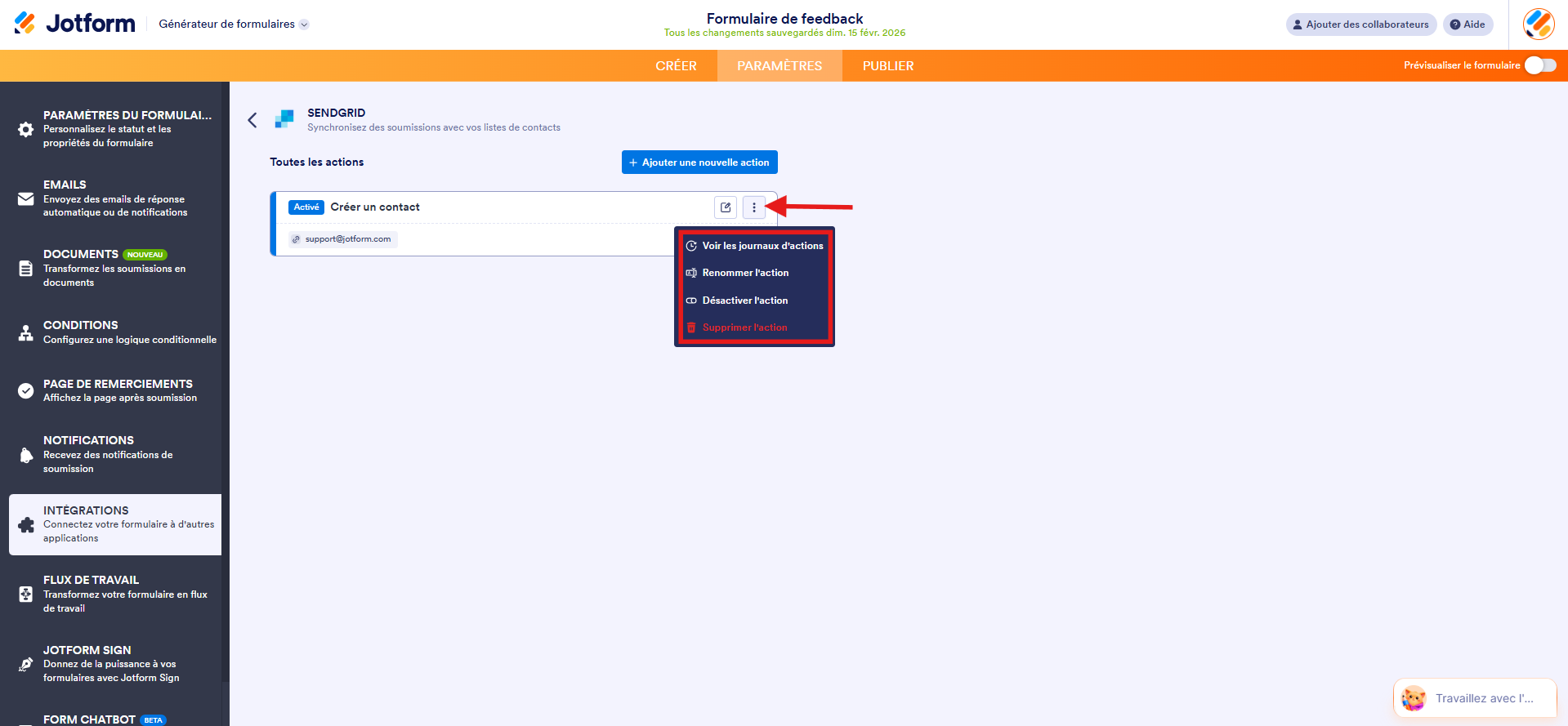 Capture d'écran de la page d'intégration SendGrid dans le Générateur de formulaires Jotform avec un encadré autour des options du menu d'une action enregistrée