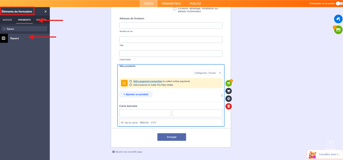 Capture d'écran d'un formulaire dans le Générateur de formulaires Jotform avec un encadré autour de Éléments de formulaire, une flèche vers Paiements et une autre vers Square