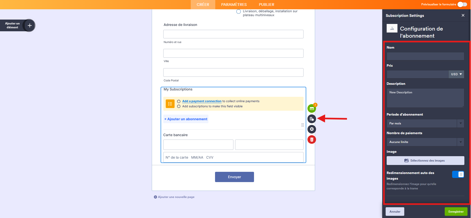 Capture d'écran d'un formulaire dans le Générateur de formulaires Jotform avec une flèche vers l'icône de pièces de monnaie de l'élément de paiement Square et un encadré autour des options à paramétrer 