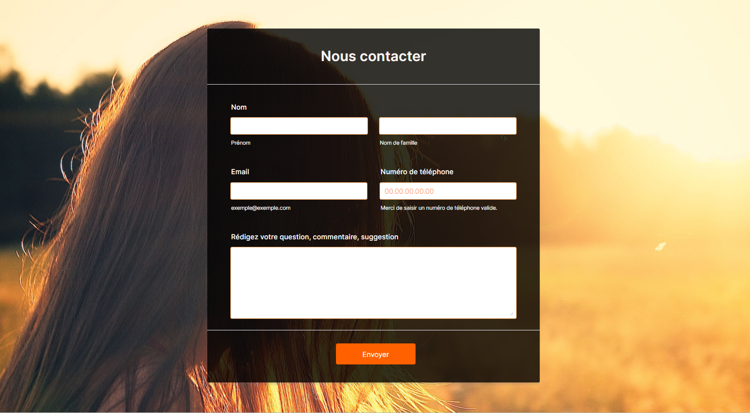 Capture d'écran du même formulaire avec le thème Cheveux au coucher du soleil
