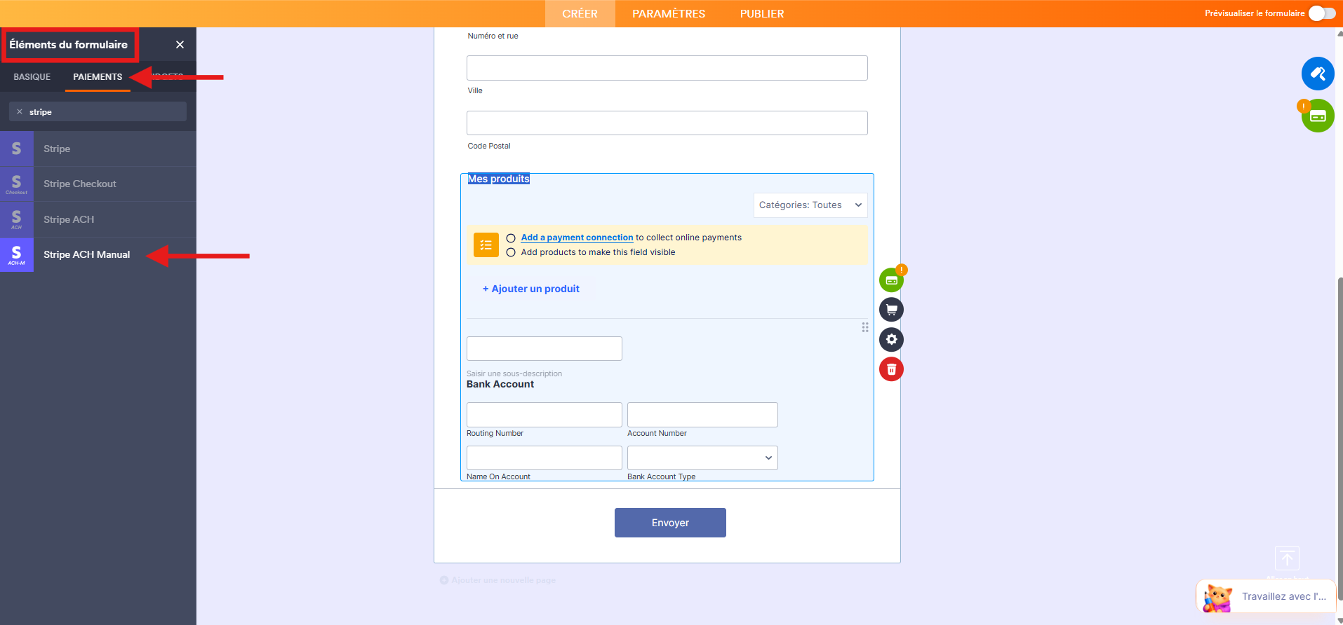 Capture d'écran d'un formulaire dans le Générateur de formulaires Jotform avec un élément de paiement Stripe ACH Manual, un encadré autour de Éléments du formulaire, une flèche vers Paiements et une autre vers Stripe ACH Manual