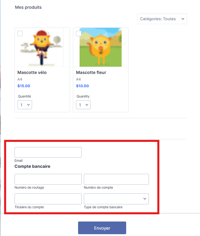 Capture d'écran de la liste de produits d'un formulaire Jotform dans l'élément de paiement Stripe ACH Manual avec un encadré autour des champs Email et Compte bancaire à renseigner