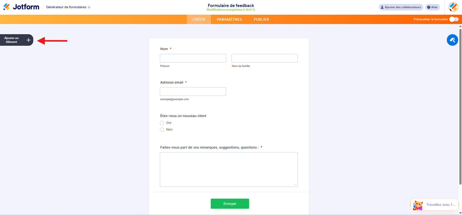 Capture d'écran de l'interface du Générateur de formulaires avec une flèche pointant vers le bouton Ajouter un élément à gauche
