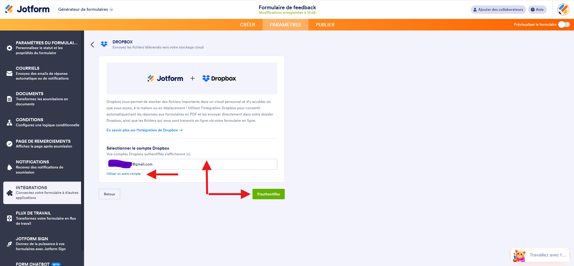 Capture d'écran de la page Dropbox dans le Générateur de formulaires avec une flèche vers Utiliser un autre compte, une autre vers la nouvelle adresse email du compte et une vers le bouton S'authentifier
