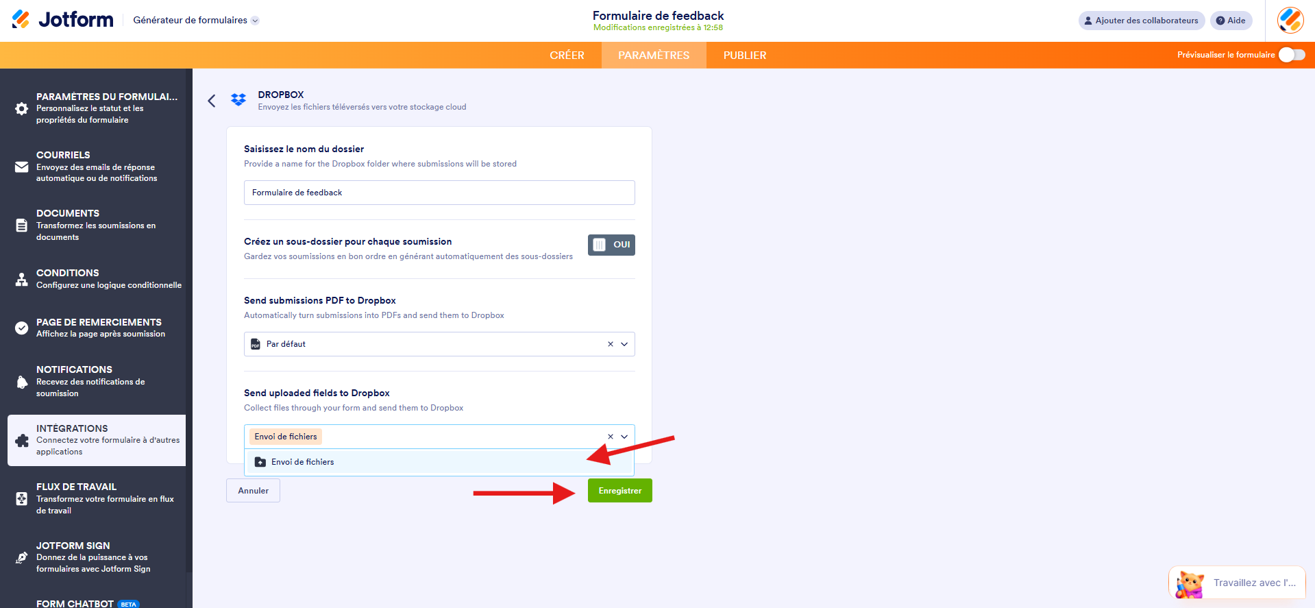 Capture d'écran des paramètres de la page Dropbox dans le Générateur de formulaires avec une flèche vers Envoi de fichiers et une autre vers Enregistrer