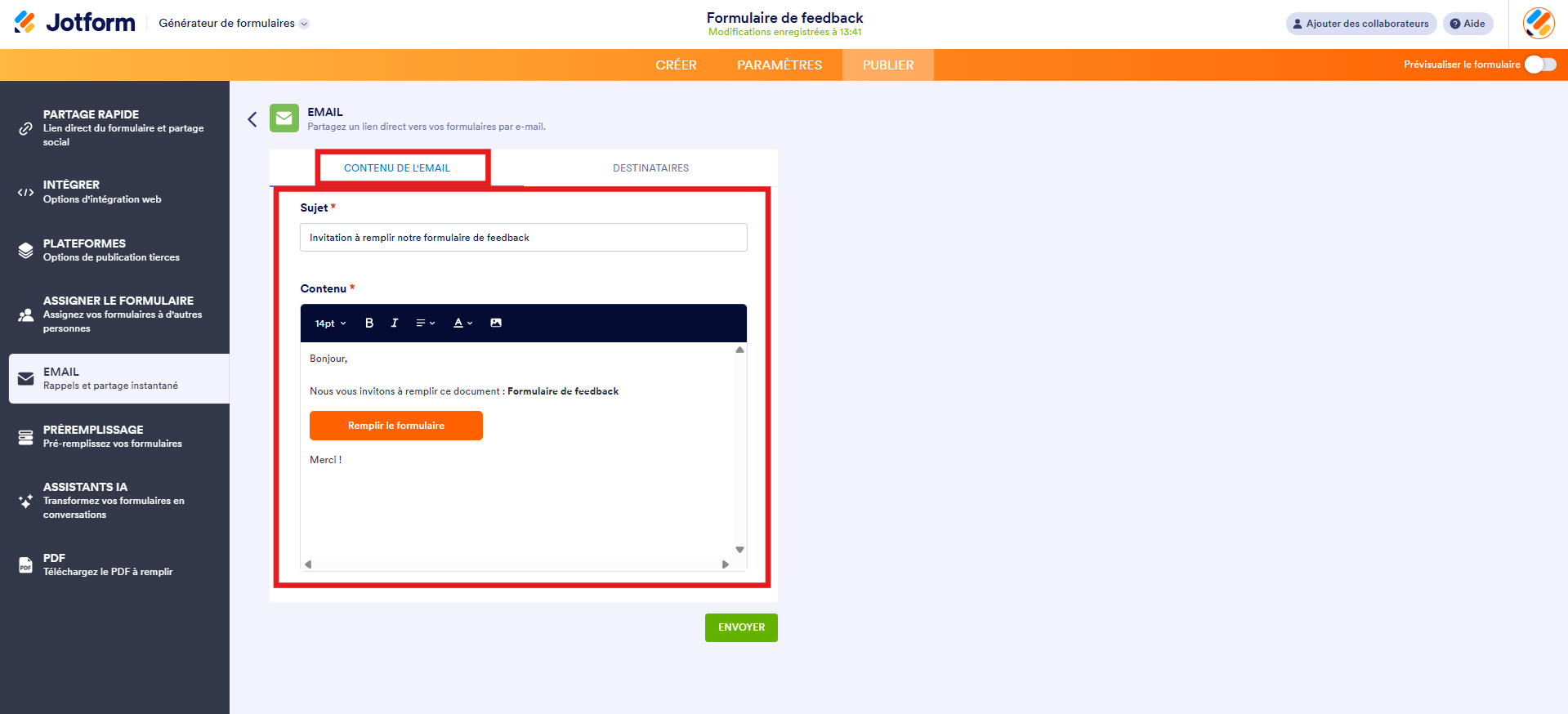 Capture d'écran de la page Email du Générateur de formulaires avec un encadré sur l'onglet Contenu de l'email et un autre autour des paramètres à renseigner et du message à personnaliser