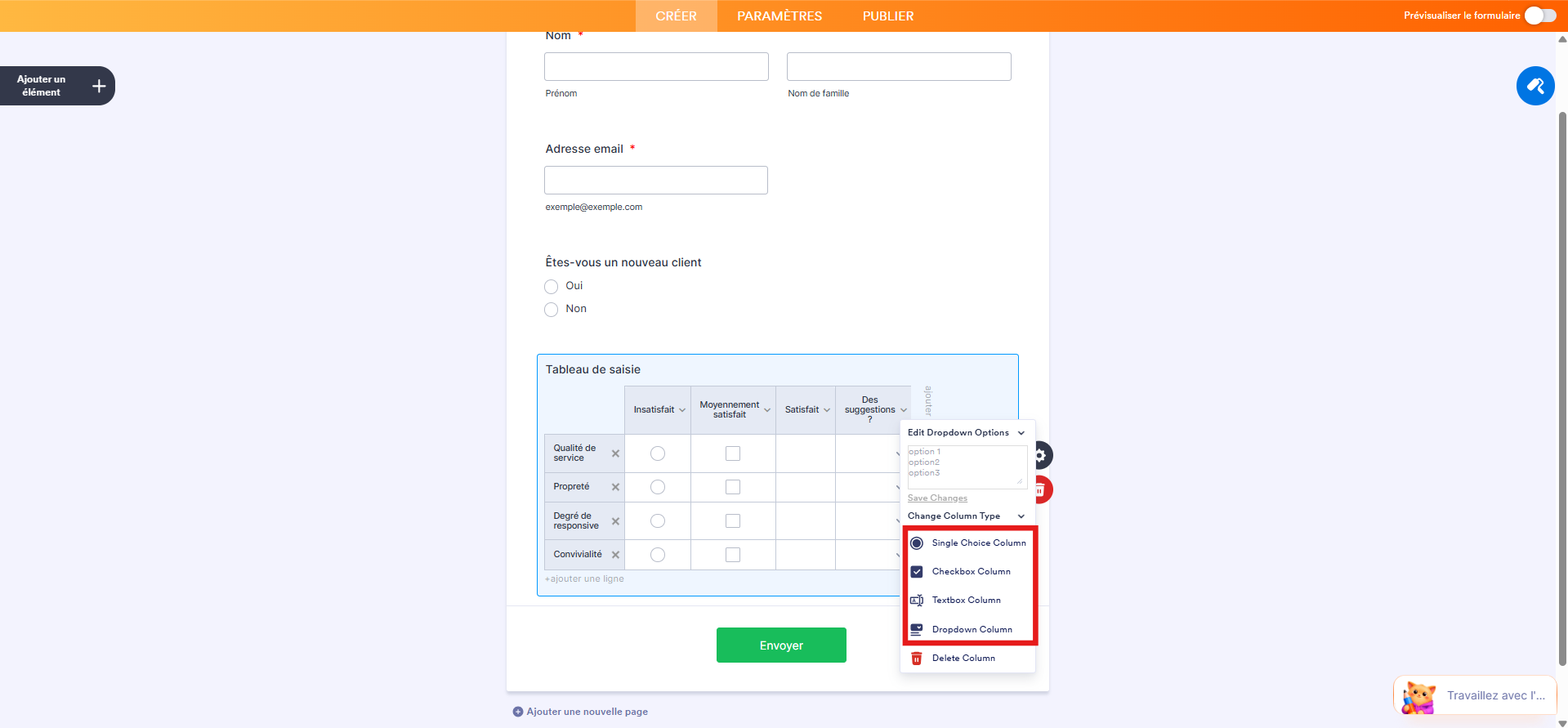 Capture d'écran du menu d'une colonne de type Liste déroulante d'un tableau de saisie dans le Générateur de formulaires Jotform