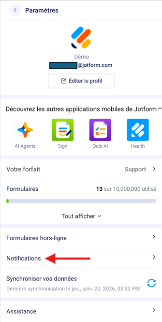 Capture d'écran de l'écran Paramètres du profil de l'application Jotform Mobile avec une flèche vers Notifications