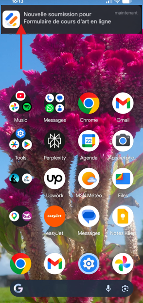 Capture d'écran de l'écran d'accueil d'un téléphone portable avec un message de confirmation provenant de l'application Jotform Mobile qui indique que les notifications contextuelles sont activées pour les soumissions de formulaires sélectionnées