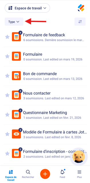Capture d'écran de l'Espace de Travail de l'application Jotform Mobile avec une flèche pointant vers le menu Type