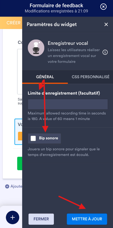 Capture d'écran du volet Paramètres du widget dans l'application Jotform Mobile avec une flèche vers le paramètre Limite d'enregistrement, une autre vers le paramètre Bip sonore sous l'onglet Général et une troisième vers le bouton Mettre à jour