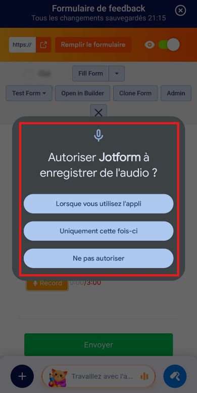 Capture d'écran de la fenêtre modale de demande d'autorisation dans l'application Jotform Mobile pour un enregistrement audio