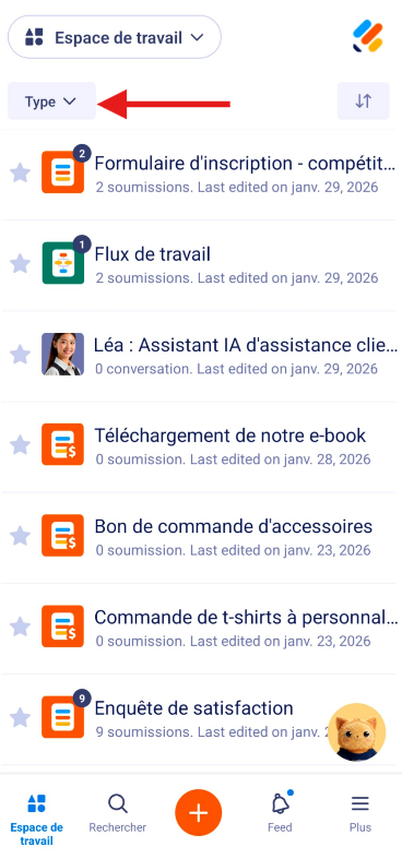 Capture d'écran du bouton Type dans l'application Jotform Mobile