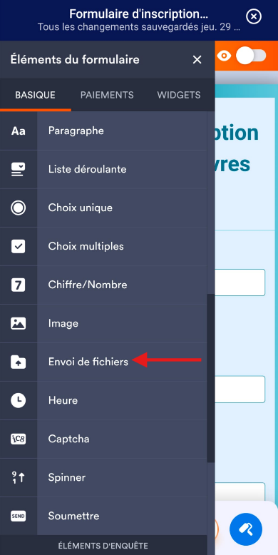 Capture d'écran de l'élément Envoi de fichiers sous l'onglet Basique du volet Éléments du formulaire dans l'application Jotform Mobile