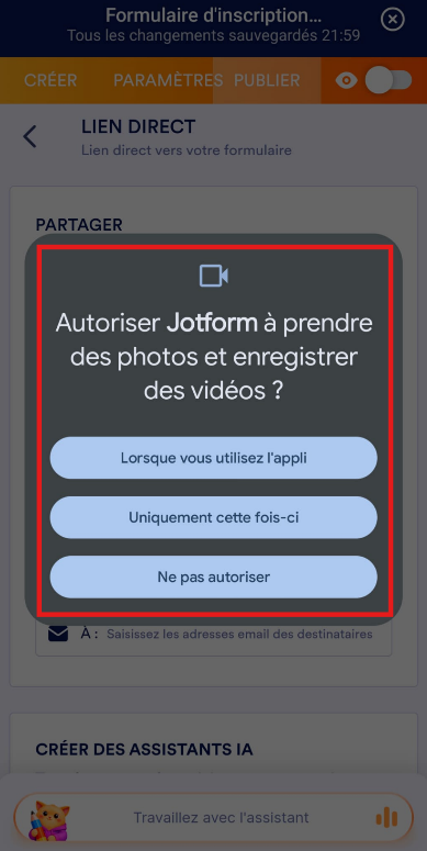 Capture d'écran de la fenêtre modale d'autorisation d'enregistrement de vidéos dans un formulaire de l'application Jotform Mobile
