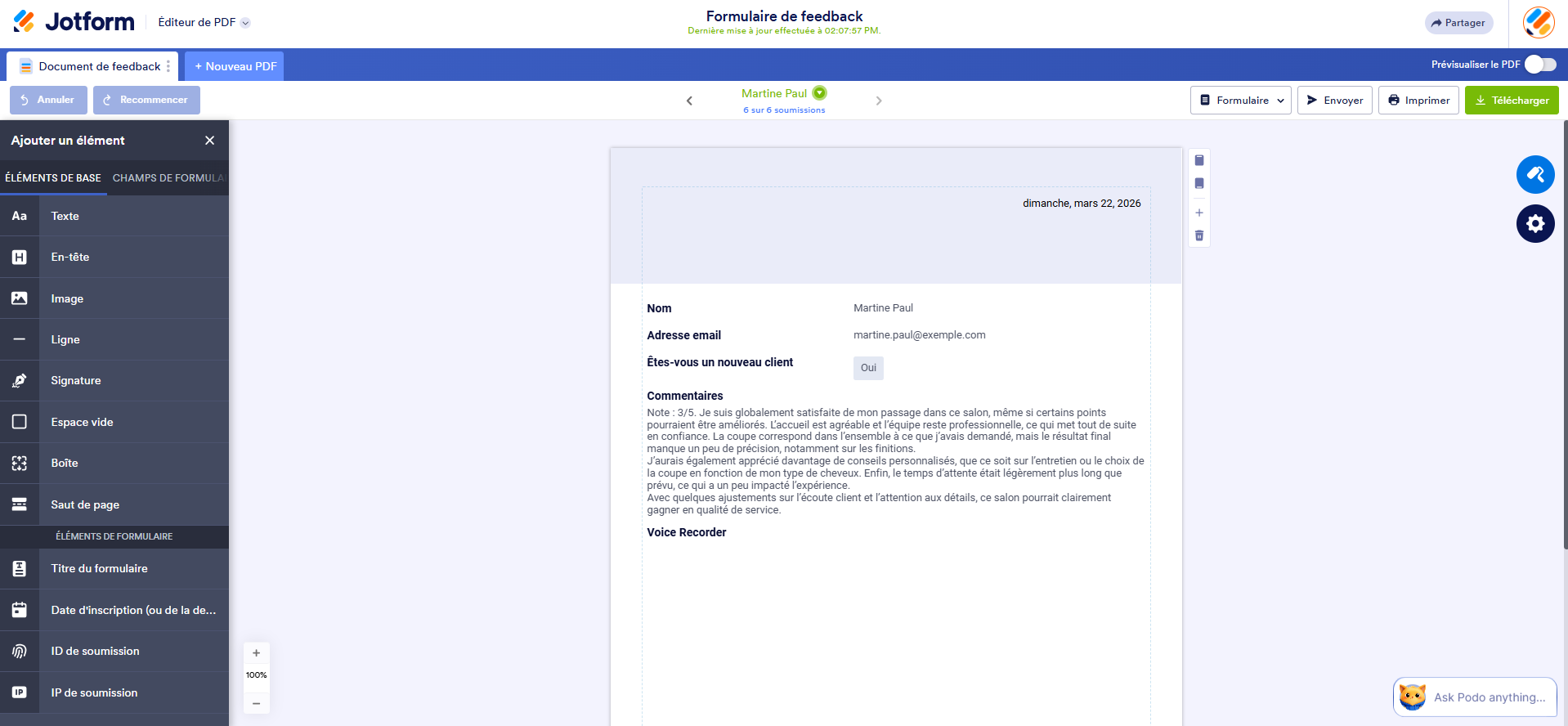 Capture d'écran d'un formulaire dans l'Éditeur de PDF Jotform