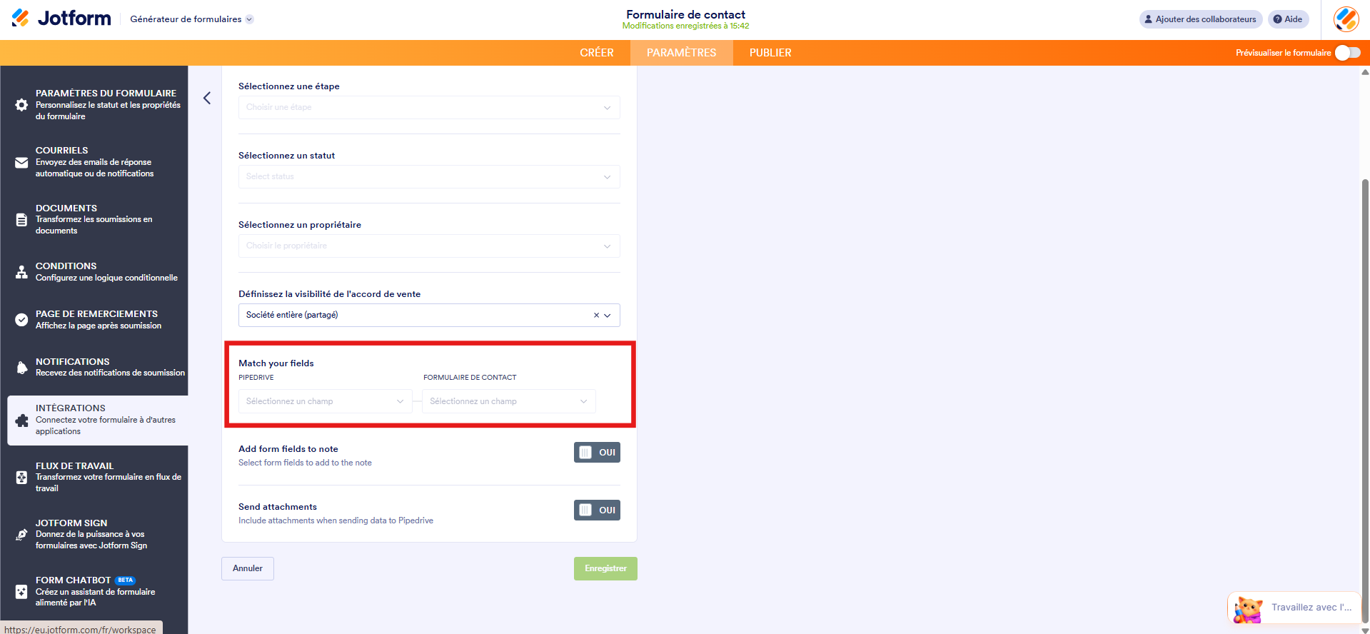 Capture d'écran de la page de l'intégration Pipedrive dans le Générateur de formulaires Jotform avec un encadré autour de Correspondance des champs