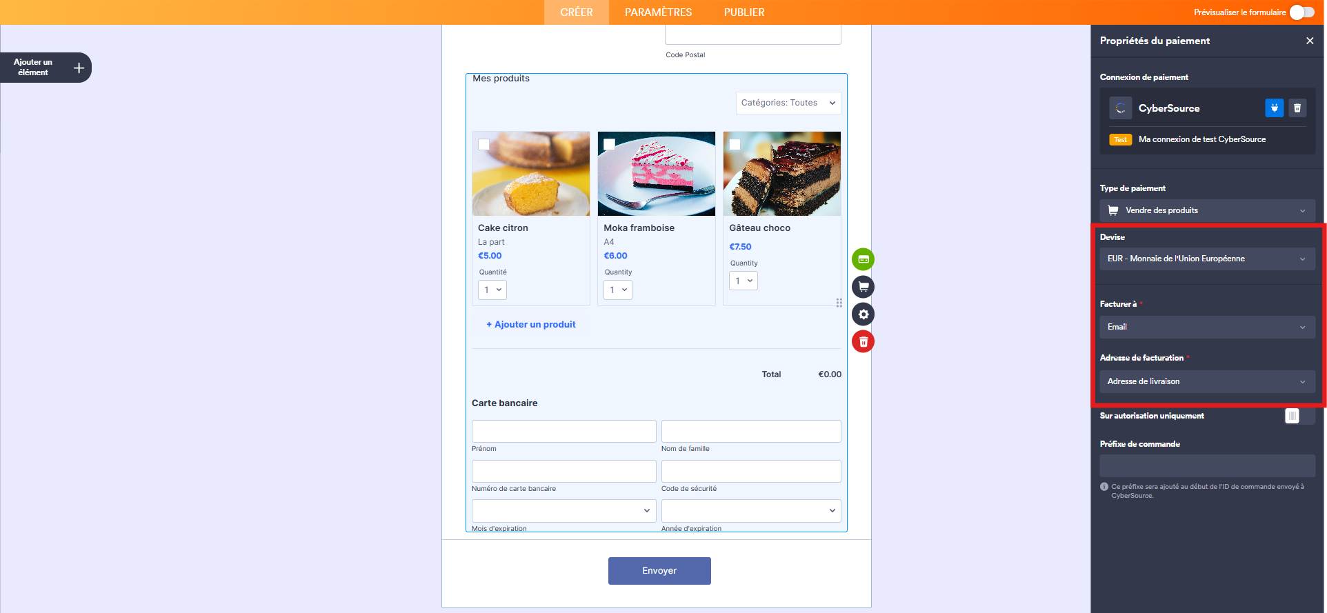 Capture d'écran d'un élément de paiement CyberSource dans le Générateur de formulaires Jotform avec un encadré autour des champ Devise, Facturer à et Adresse de livraison