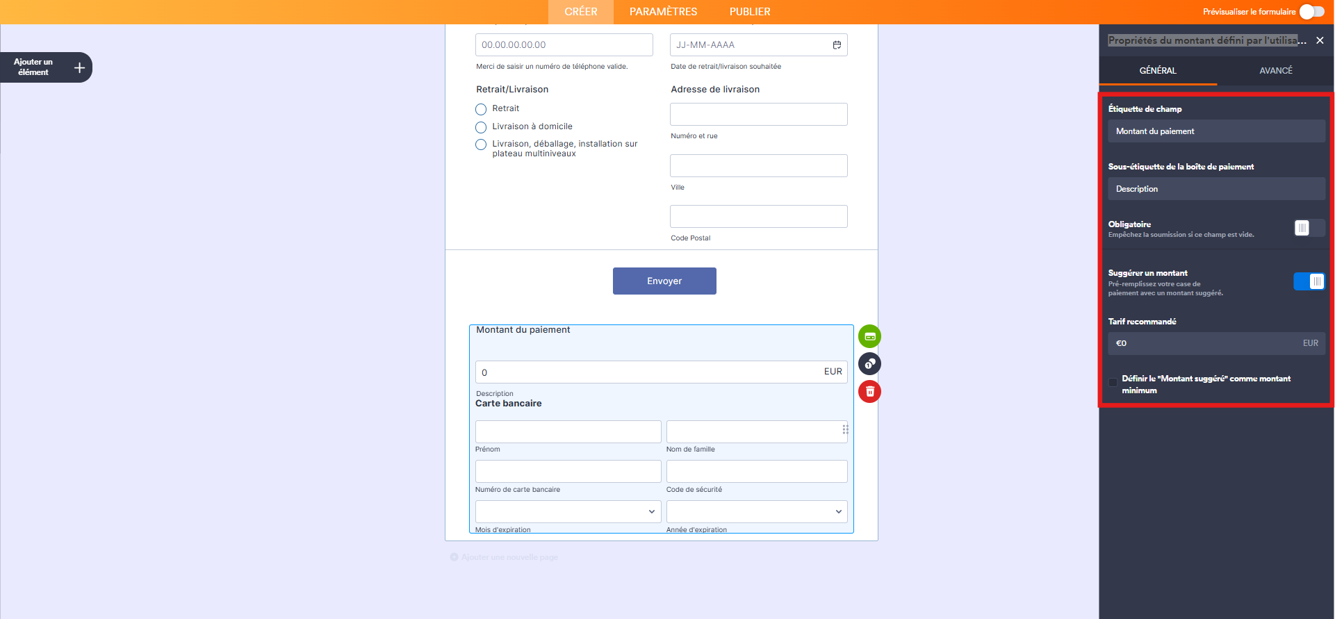 Capture d'écran du volet Propriétés du montant défini par l'utilisateur dans le Générateur de formulaires Jotform avec un encadré autour des paramètres à configurer