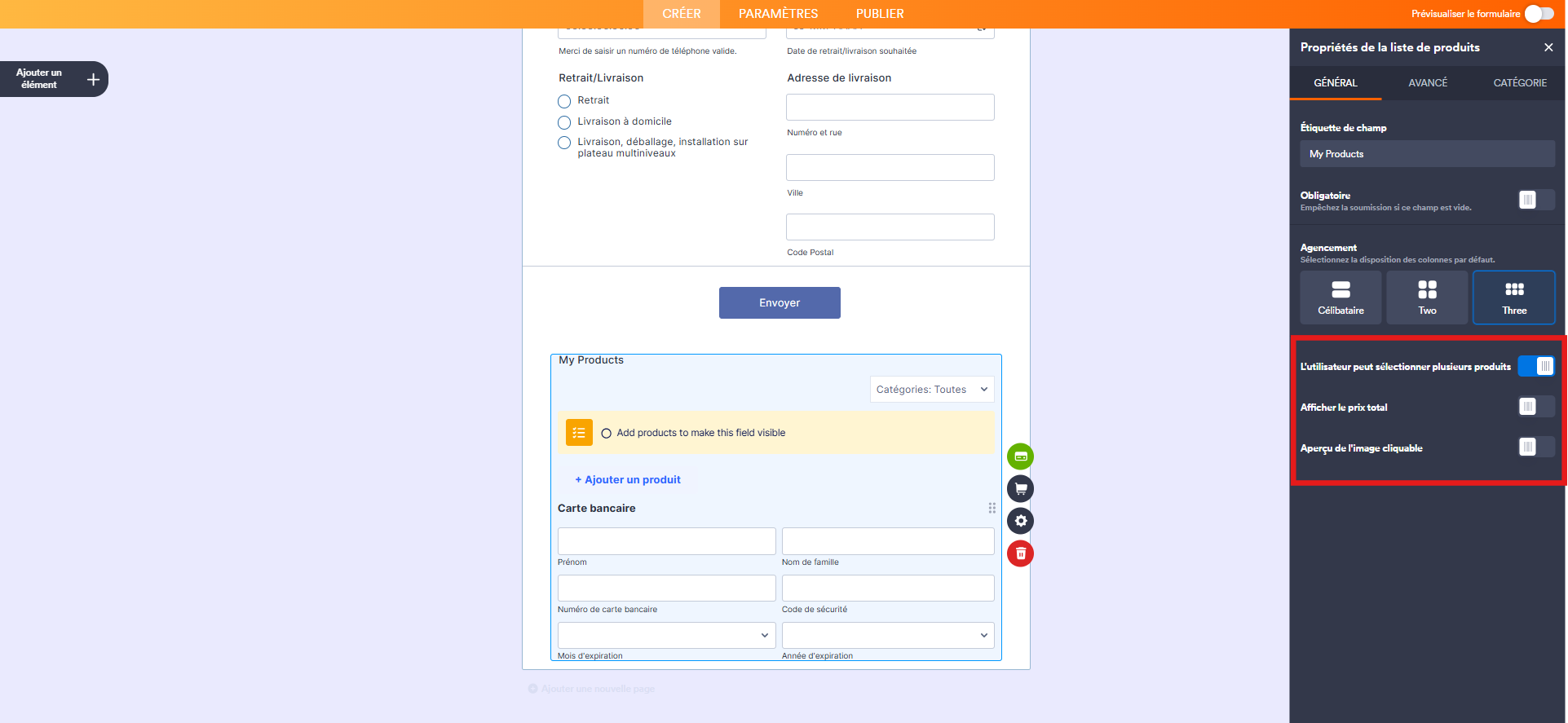 Capture d'écran du volet Propriétés de la liste de produits avec un encadré autour des paramètres de paiement de CyberSource dans le Générateur de formulaires Jotform