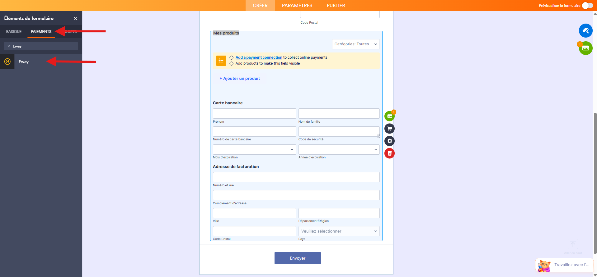 Capture d'écran d'un bon de commande dans le Générateur de formulaires Jotform avec le volet Éléments du formulaire ouvert à gauche, une flèche vers l'onglet Paiements et une autre vers Eway