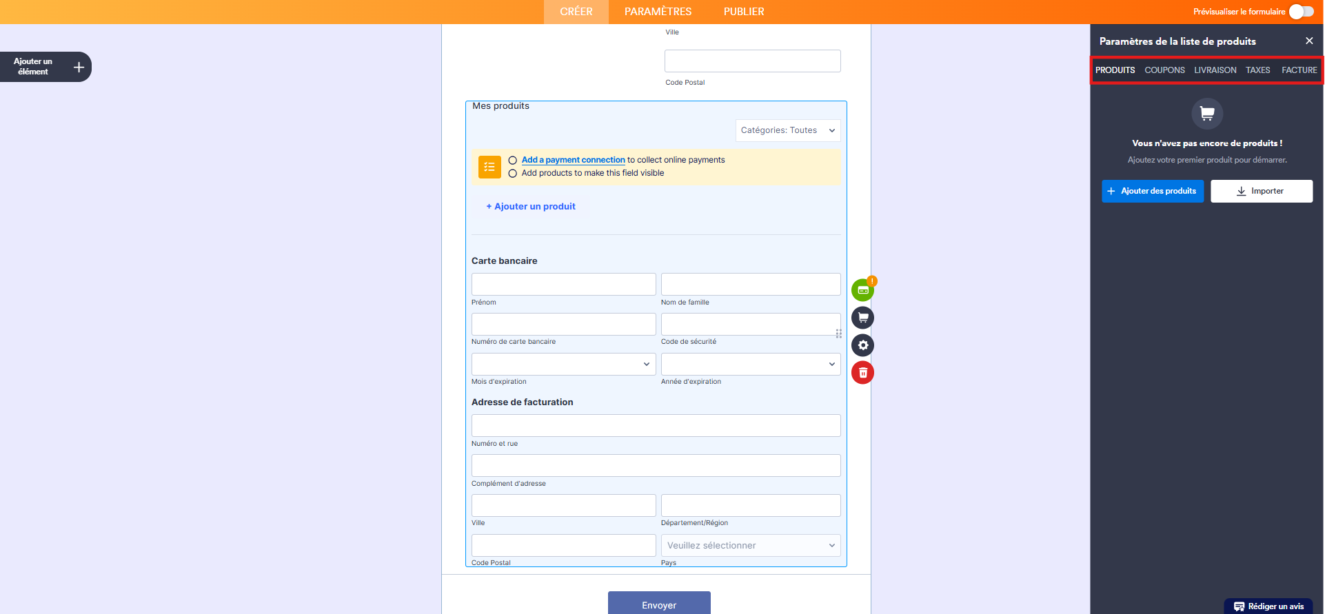 Capture d'écran du volet Paramètres de la liste de produits de l'intégration Eway dans le Générateur de formulaires Jotform avec un encadré autour des onglets