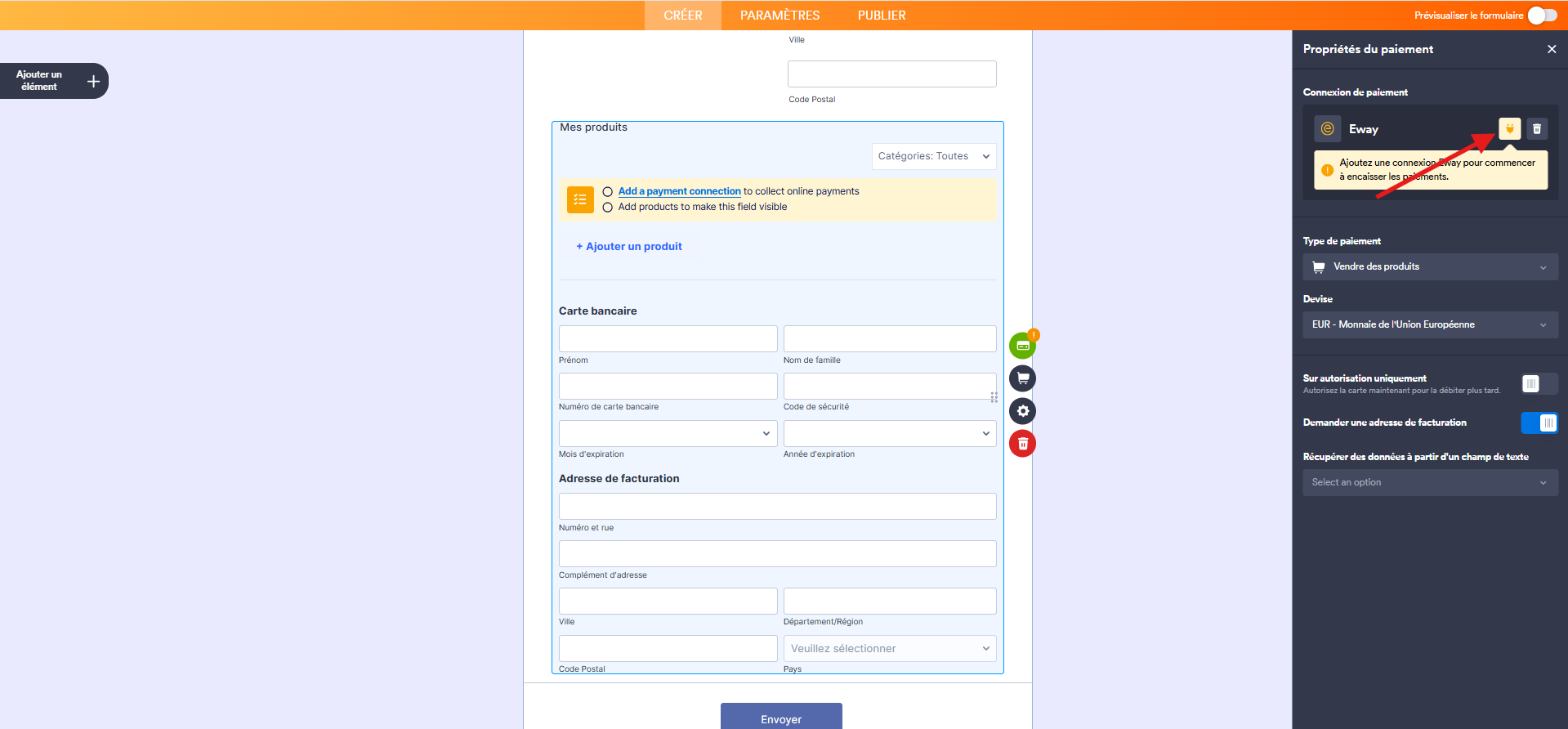 Capture d'écran du volet Paramètres du paiement de l'intégration Eway dans le Générateur de formulaires Jotform avec une flèche pointant vers l'icône de prise de courant