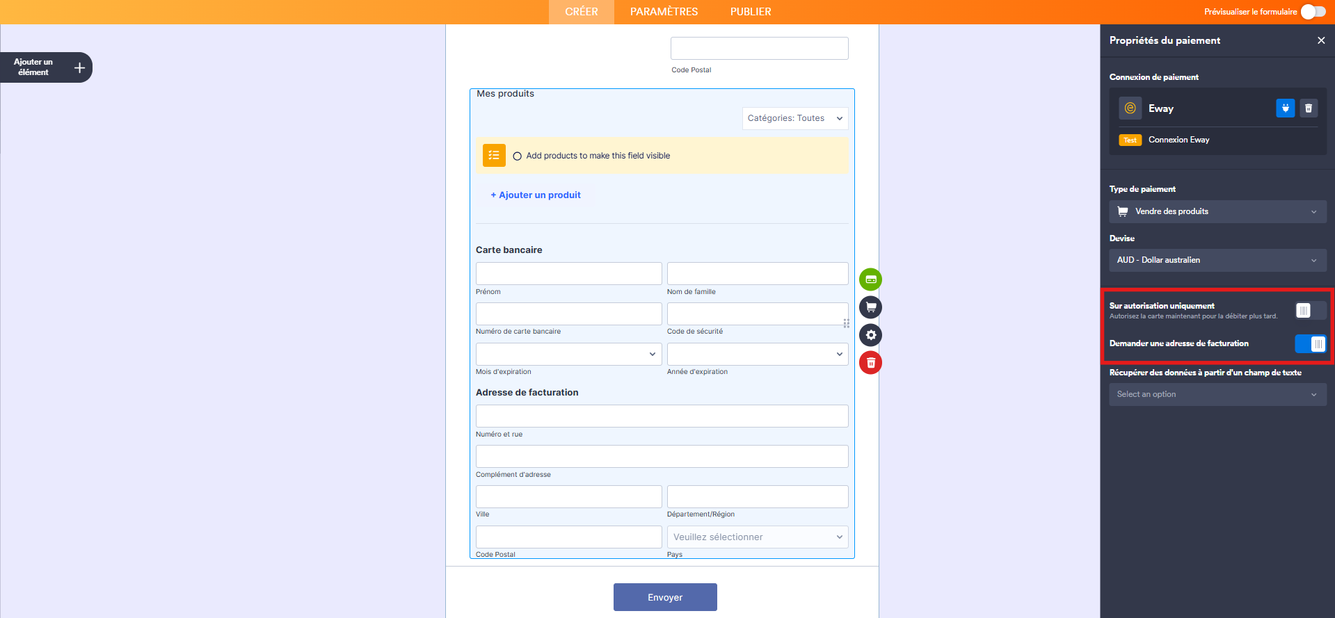 Capture d'écran du volet Propriétés du paiement dans le Générateur de formulaires Jotform avec un encadré autour des options Sur autorisation uniquement et Demander une adresse de facturation